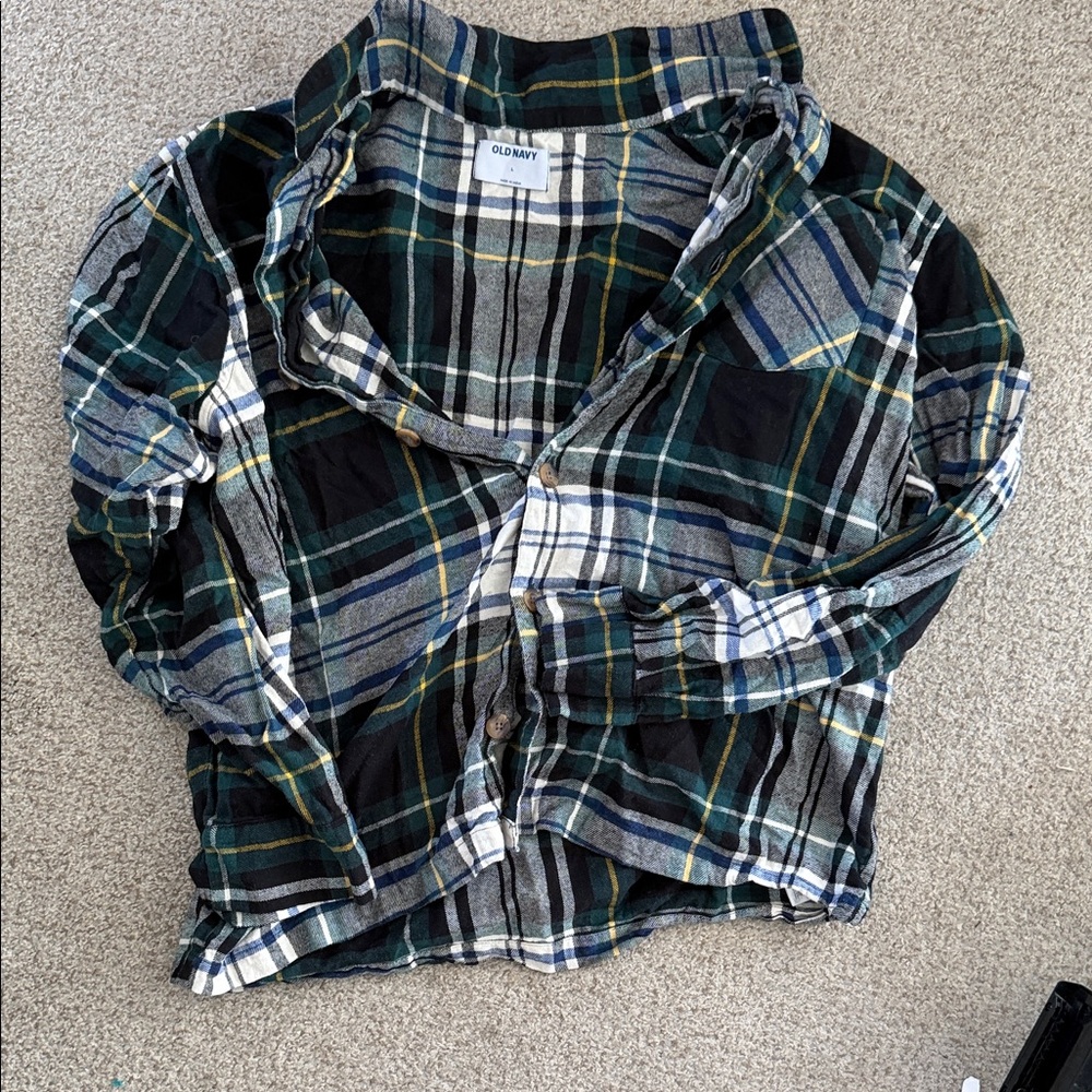 Old Navy Green, Black & White Plaid Button-Down Shirt